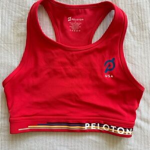Peloton Red Racerback Sports Bra with Multicolor Band